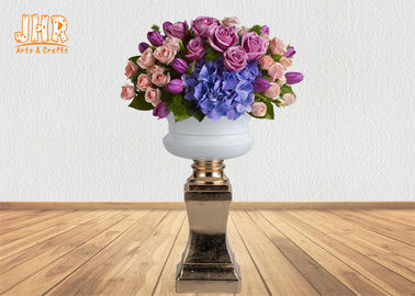 Glossy White Fiberglass Flower Pot With Gold Leaf Pedestal Floor Vases